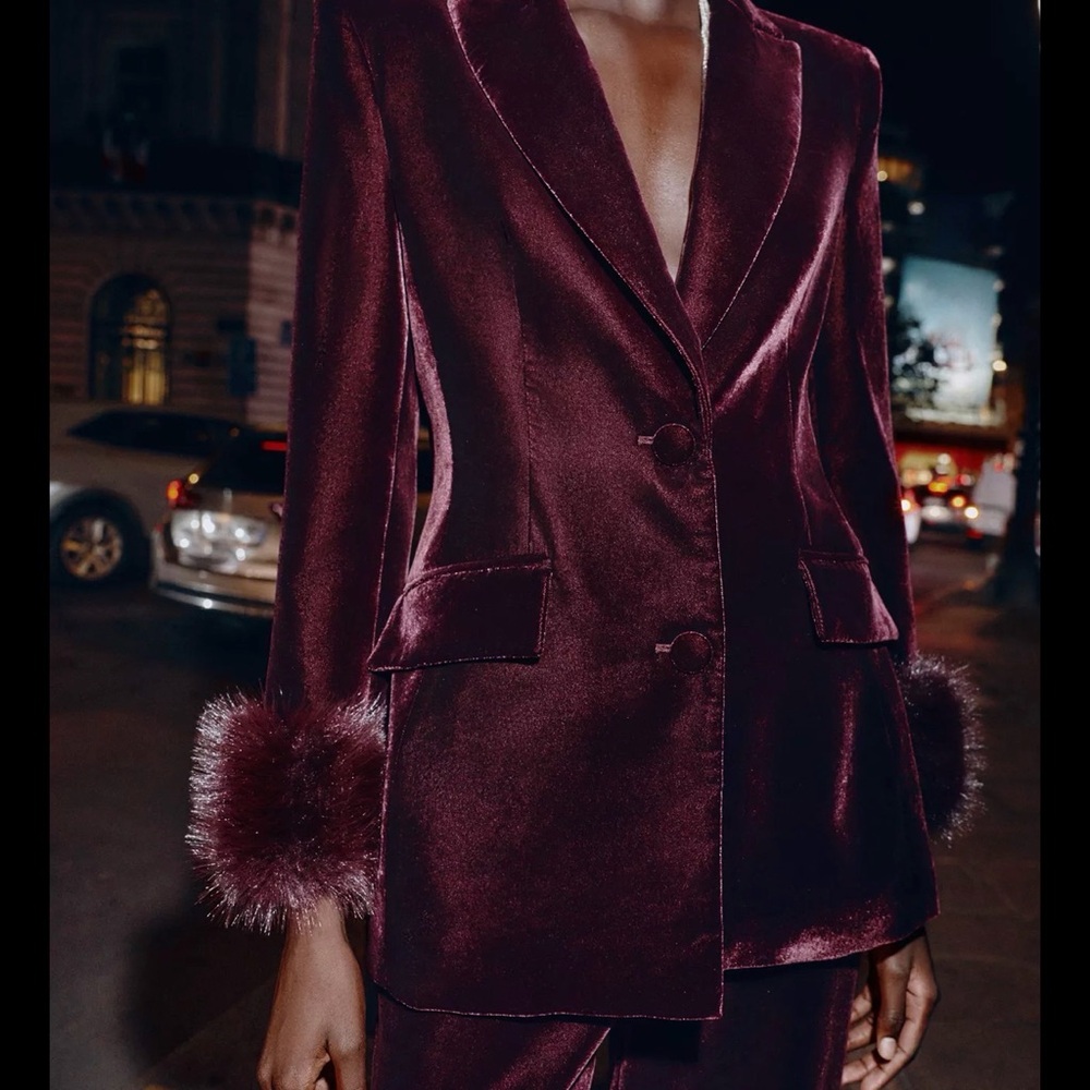 Zara Rich Burgundy Velvet Blazer with Fur Cuffs